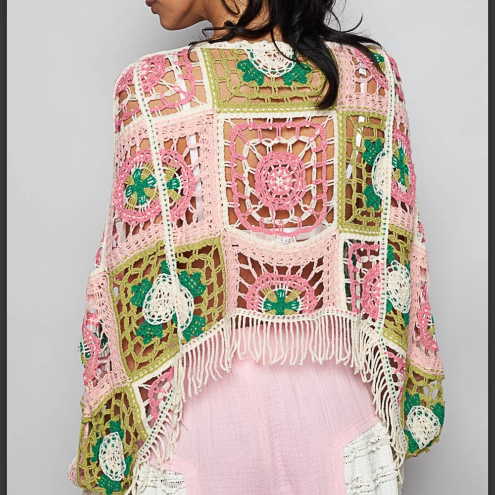 Pol NEW ONE SIZE Colorful Crochet Fringe top pink sweater - Picture 2 of 5